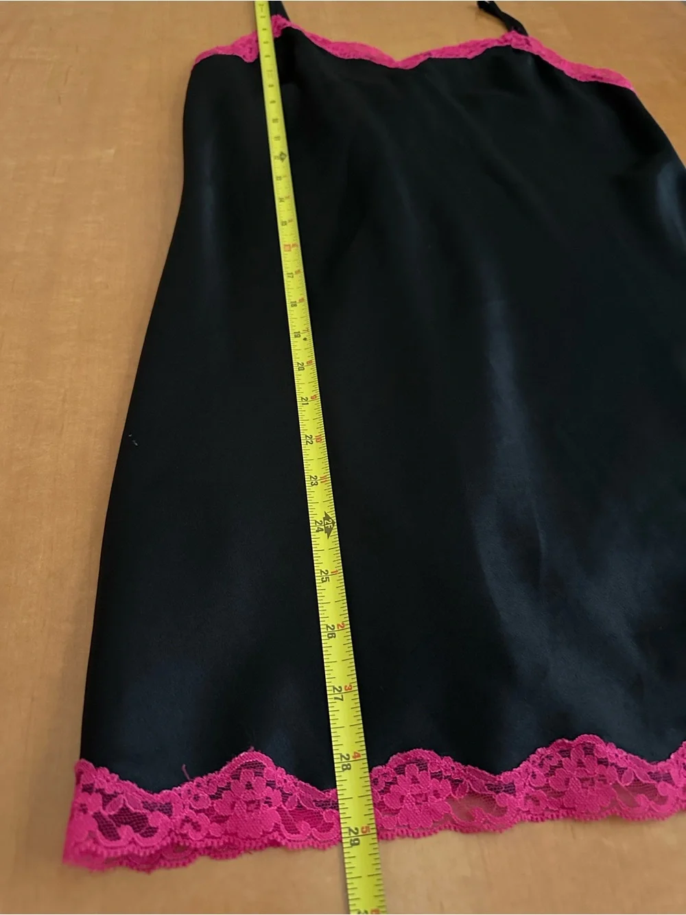 Vtg Y2K Victoria's Secret Black Satin & Hot Pink Lace Slit Slip Dress June 2004
